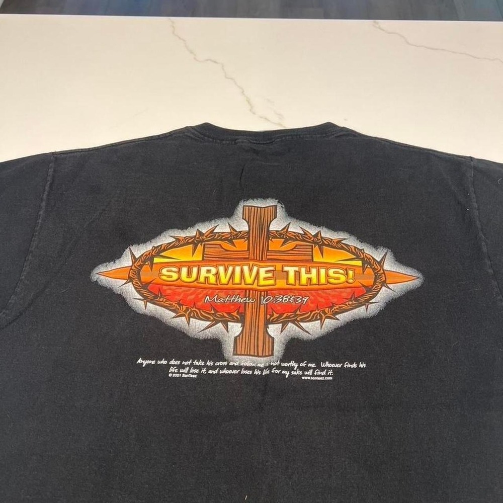 Vintage 90s Jesus survivor graphic parody tee shirt Large